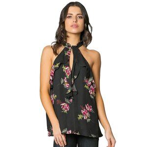 Lavender Brown Sleeveless High Neck Floral Top, Black and Pink, Size Medium